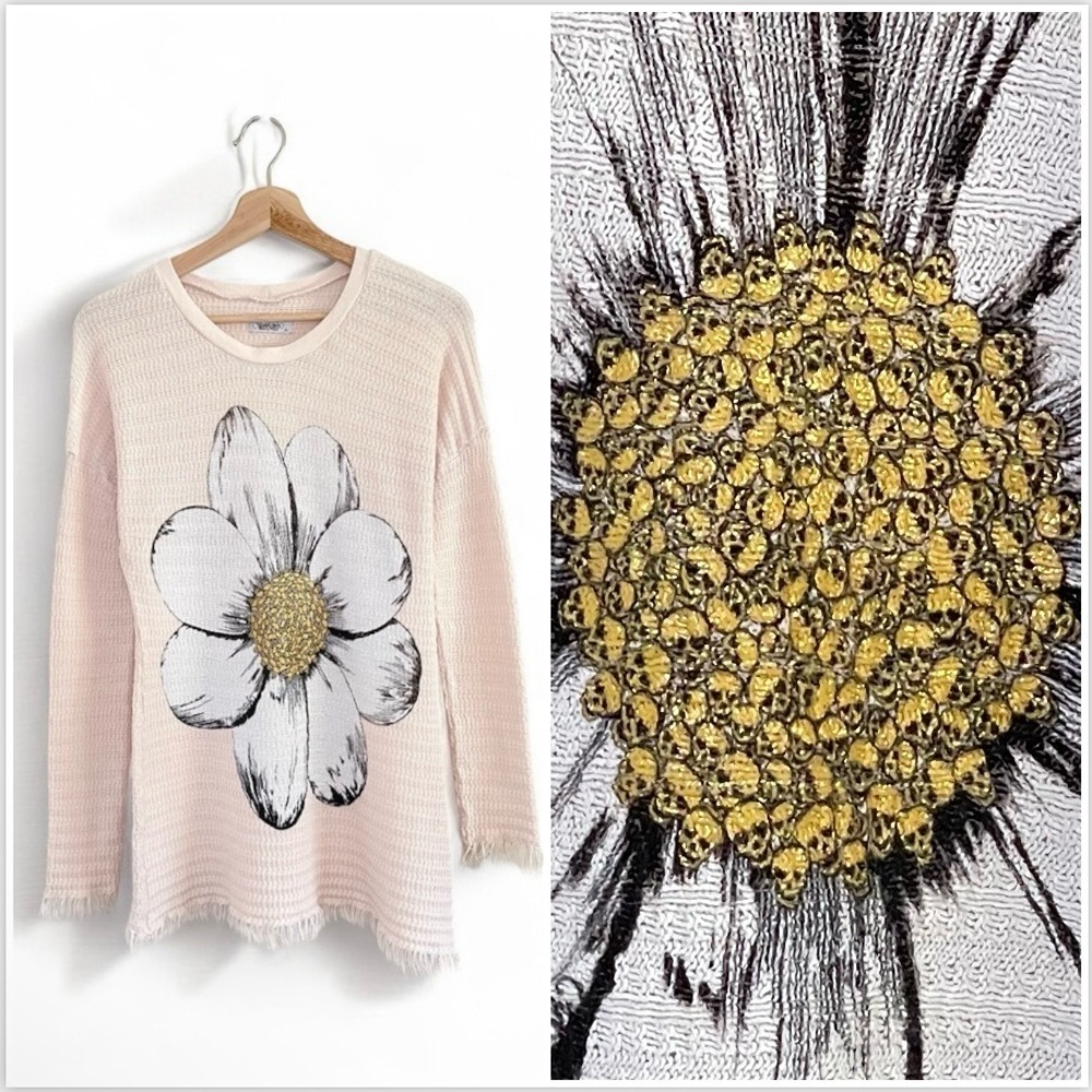 Lauren Moshi Daisy Skull Knit Top Long Sleeve Fringe Trim Tunic Cream Small Y2K